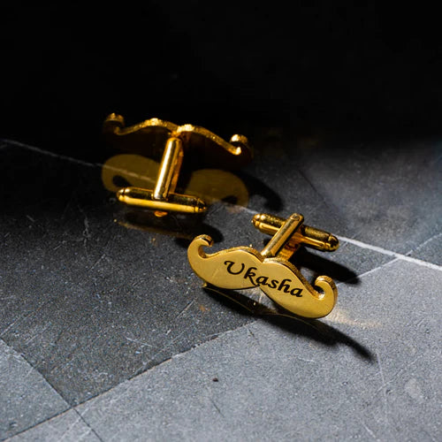 Mustache Name Engraved Cufflinks / Gold & Silver Color