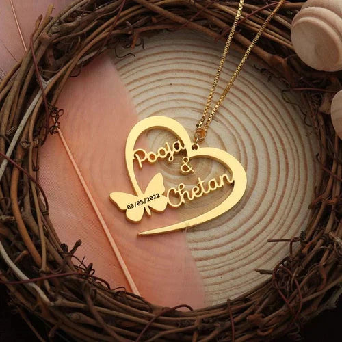 Customize Heart Name Necklace with Engraved Date